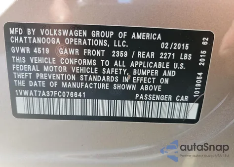 2015 Volkswagen Passat S из США, поврежденный, VIN 1VWAT7A37FC076641